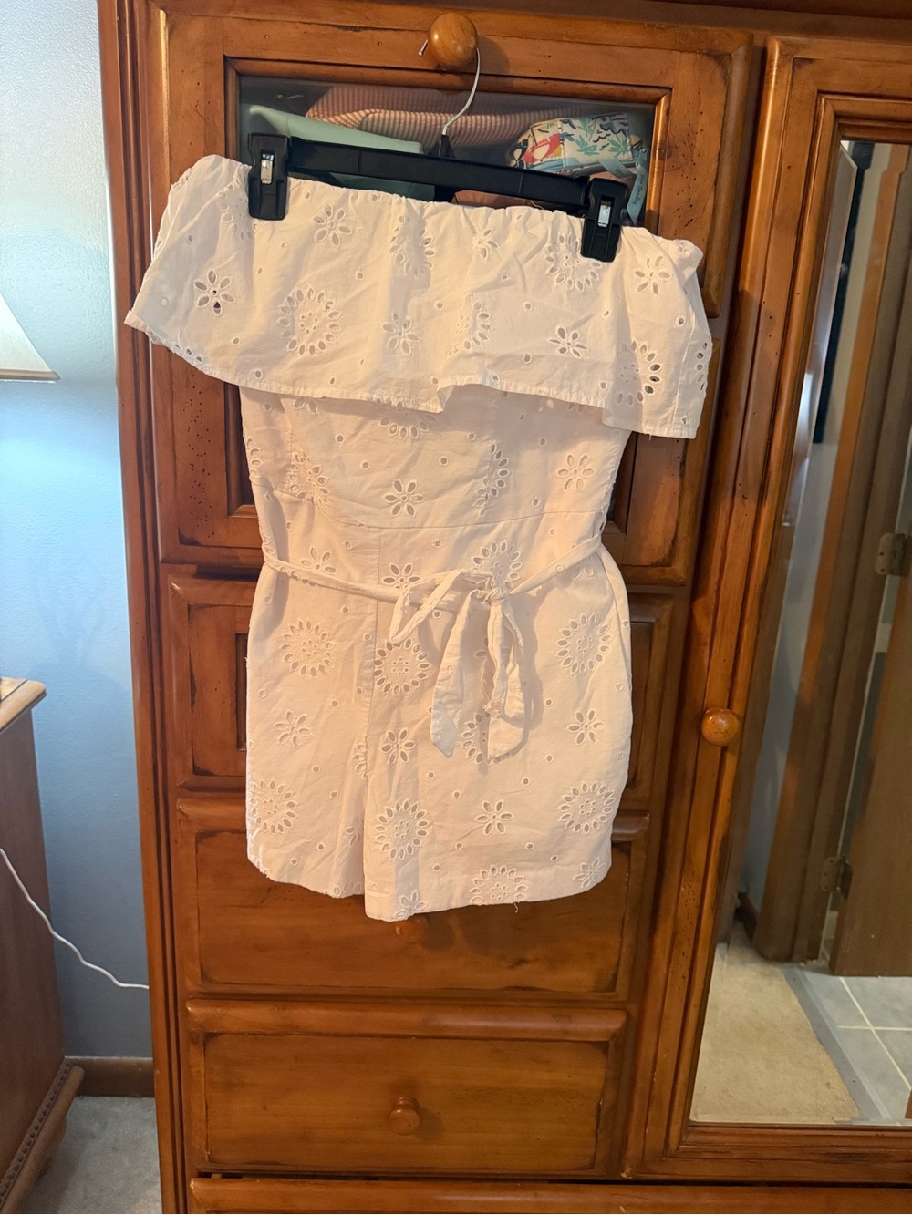 Bar III White Eyelet Off-Shoulder Romper with Tie Waist